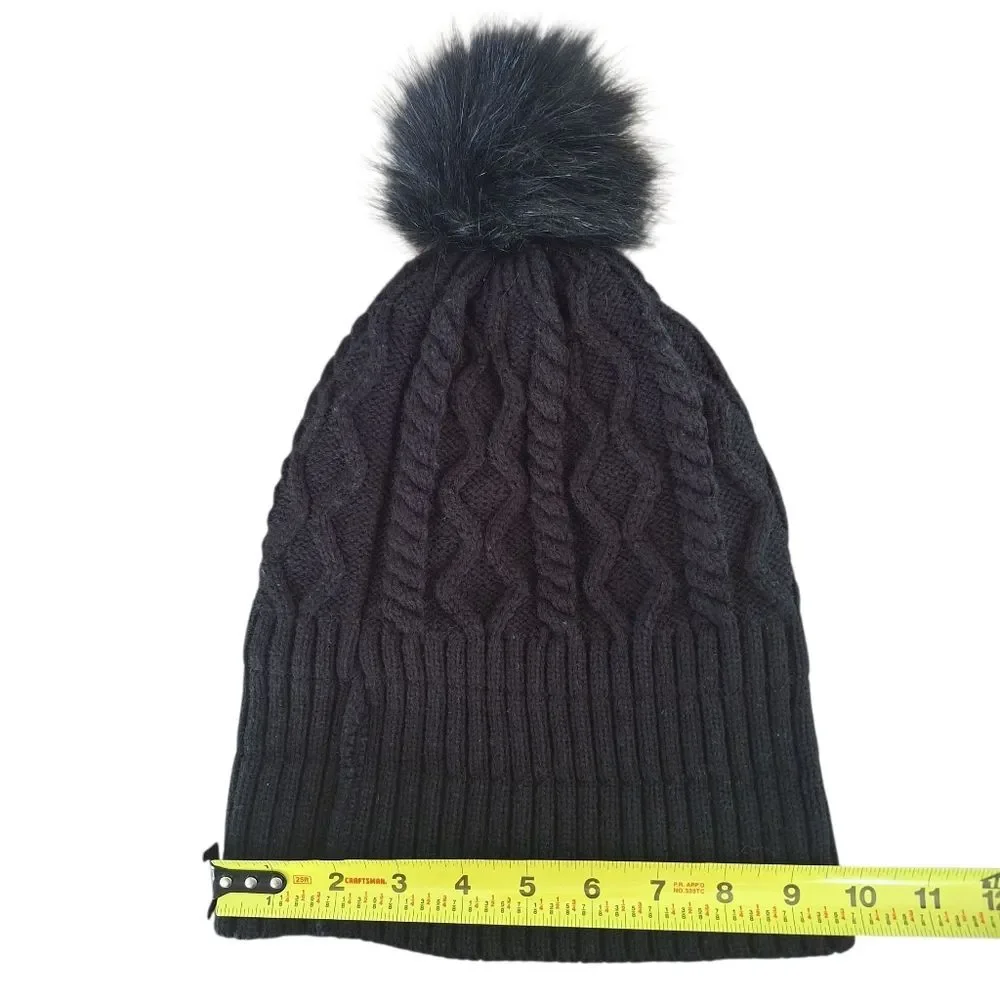 Women's Beanie Hat Black Cable Knit with Fuzzy Pom Pom Top Plushy Lining OS